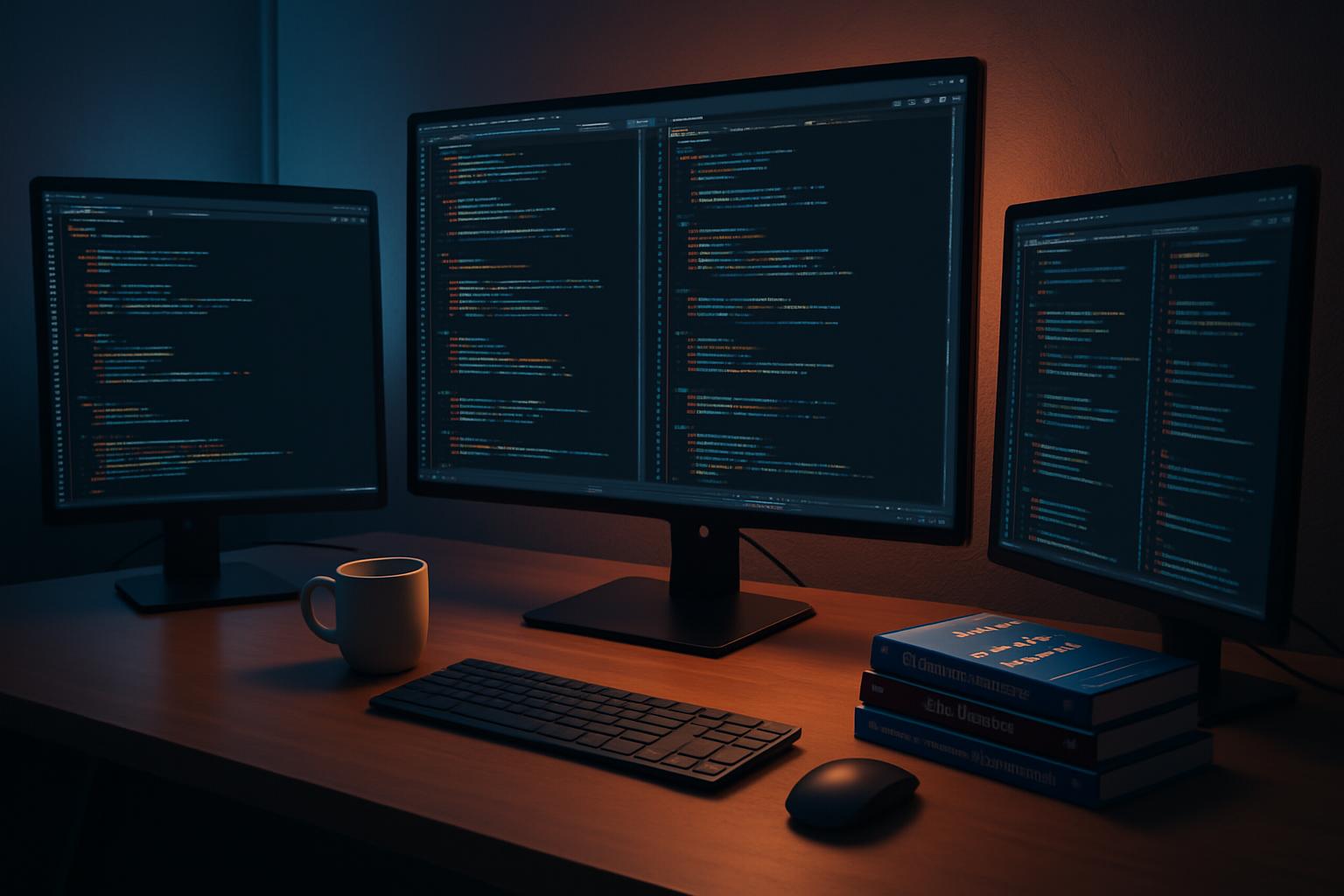 Modern coding workspace with multiple monitors showing code
